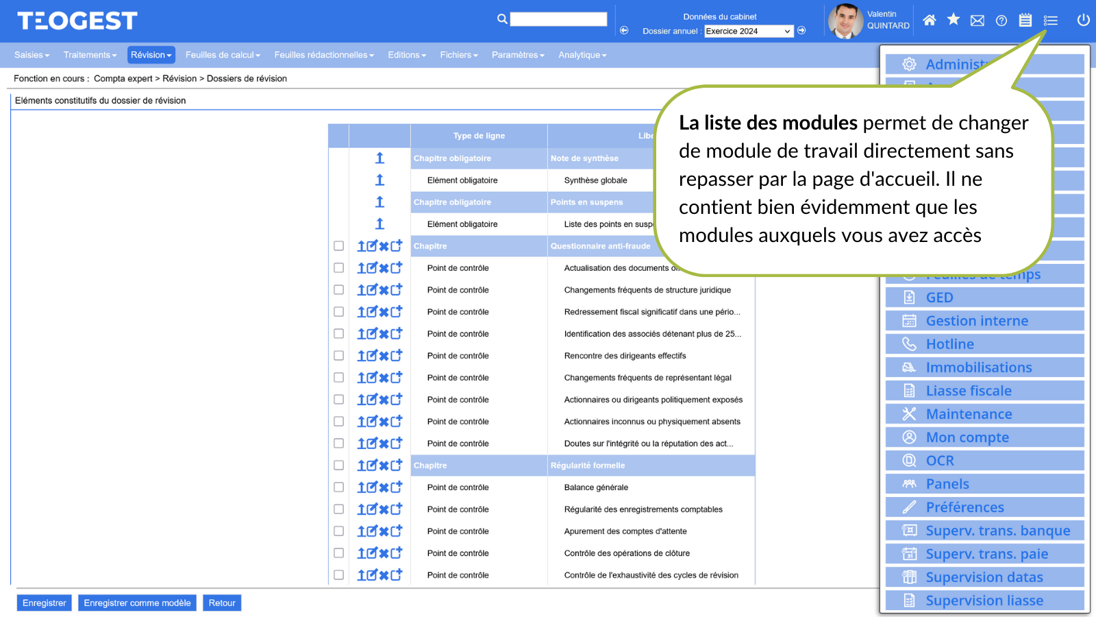 Detail de la barre dentete  liste des modules pour un choix rapide